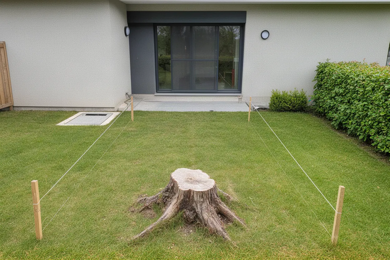 Souche sur future allée de jardin à Sorbiers