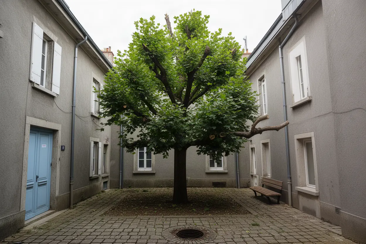 Tilleul dense avant élagage dans une cour stéphanoise