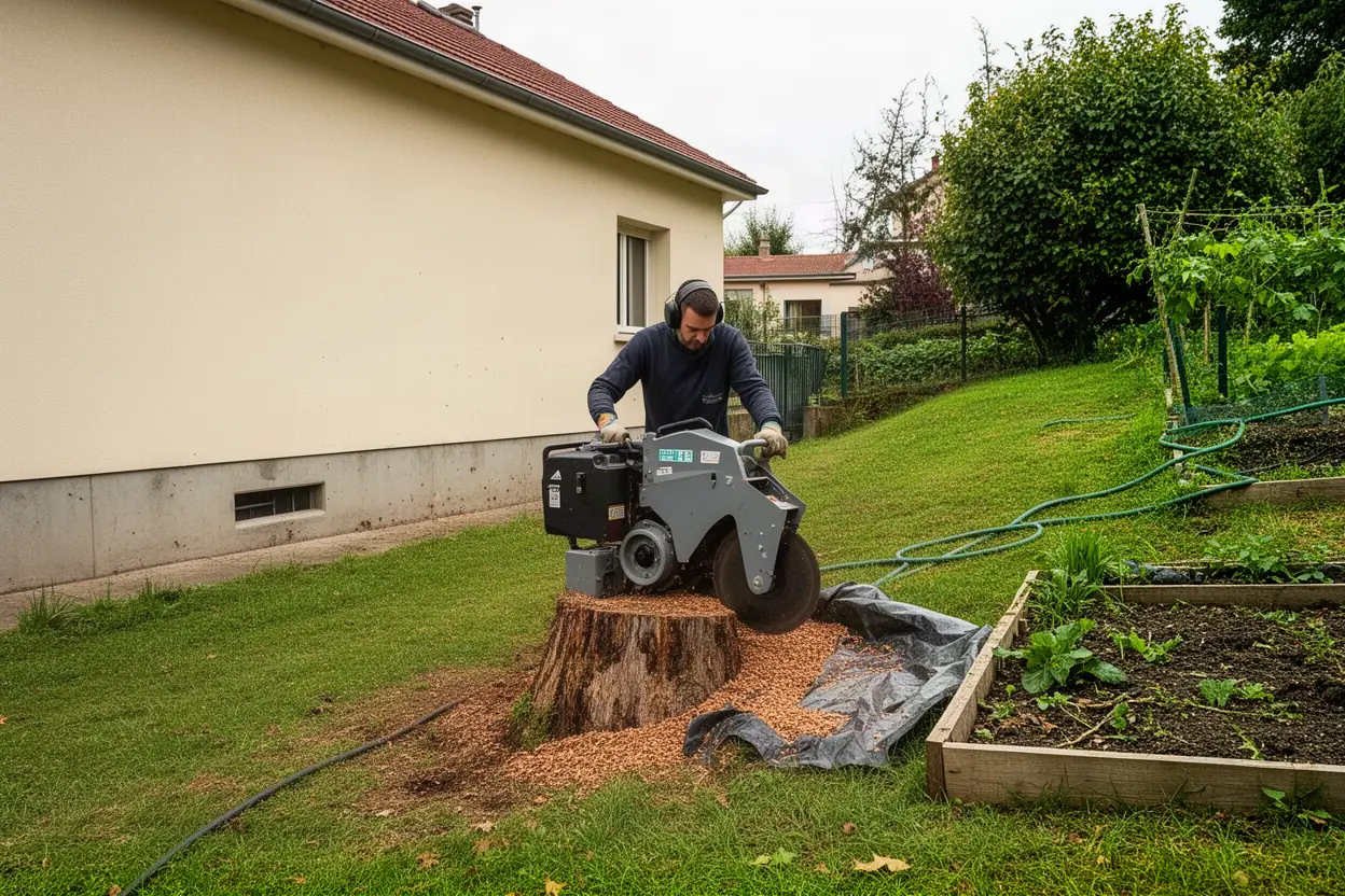 Rogneuse retirant une souche à Saint-Étienne