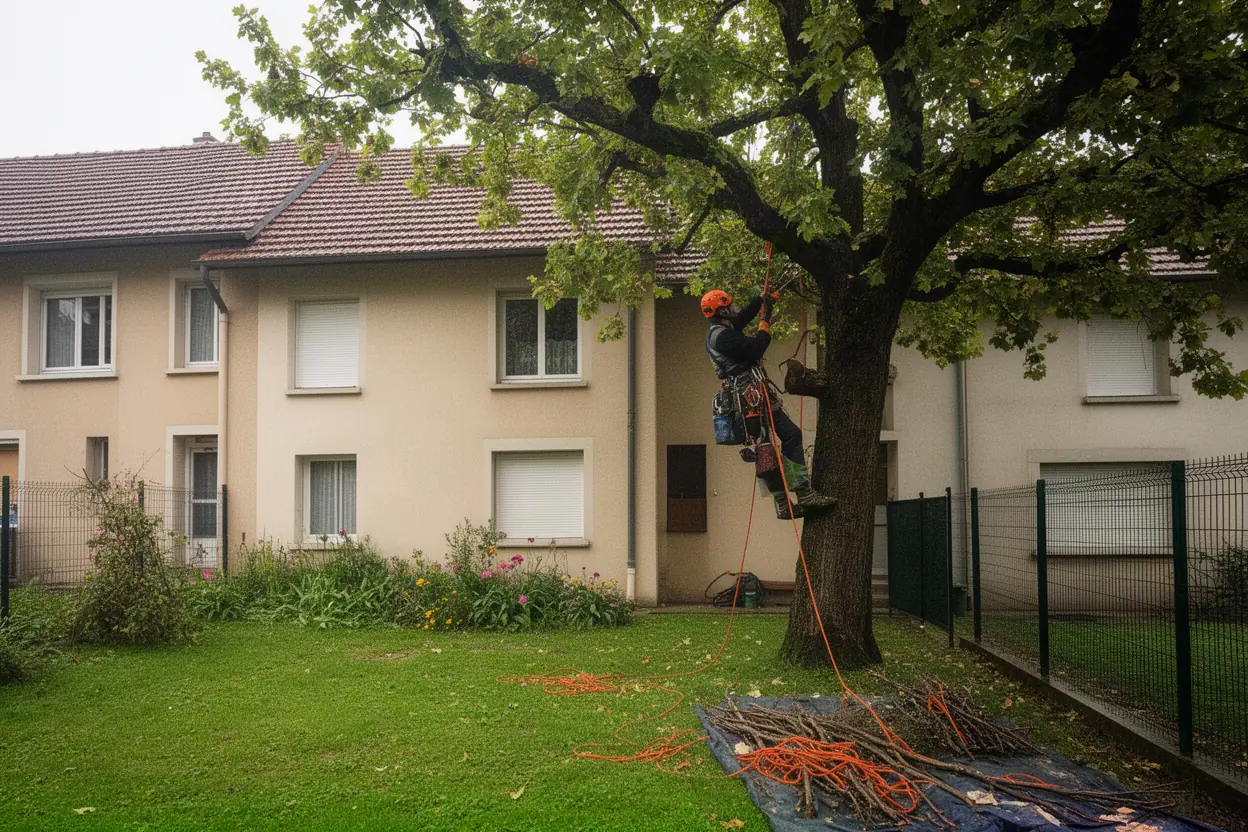 Élagueur taillant un arbre adulte à Saint-Étienne