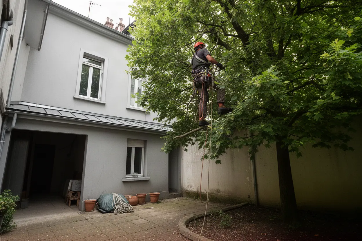 Élagueur grimpeur travaillant sur cordes à Saint-Chamond