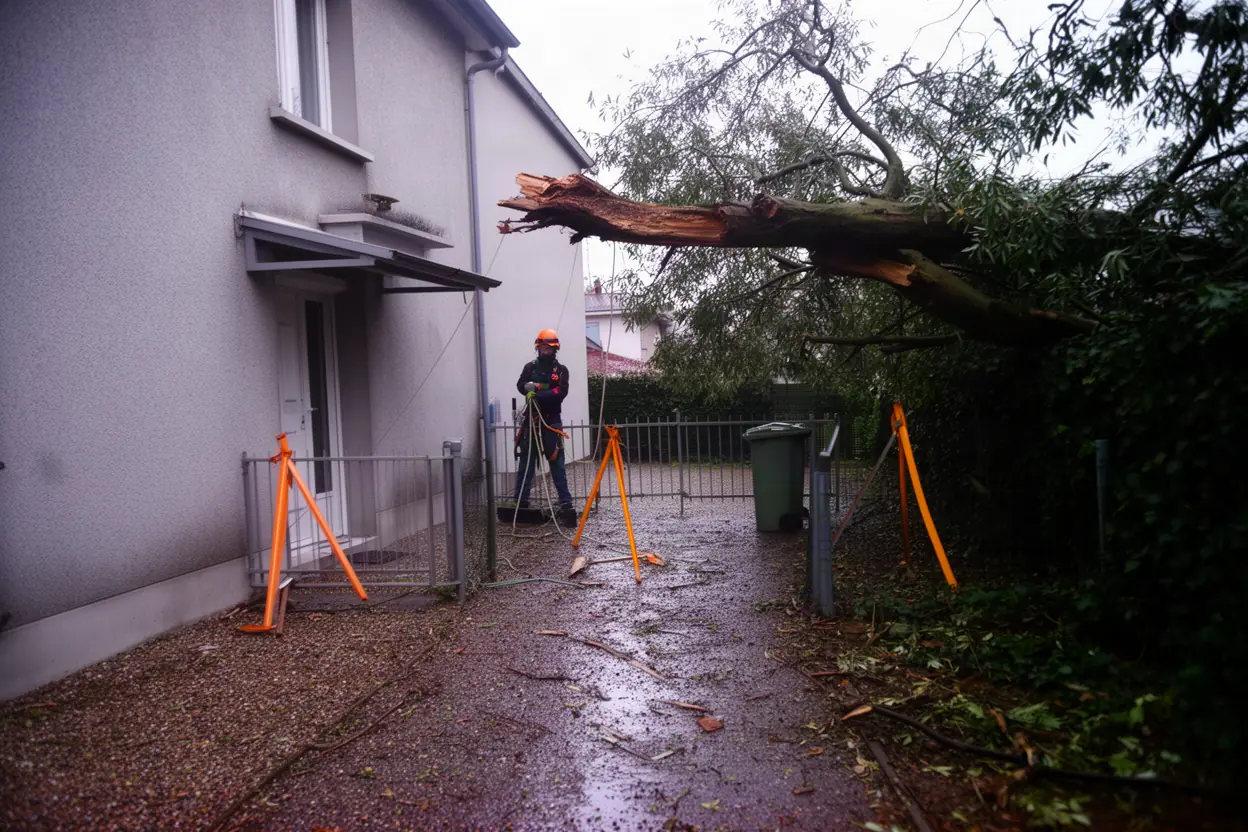 Élagueur sécurisant un arbre après tempête à Saint-Étienne