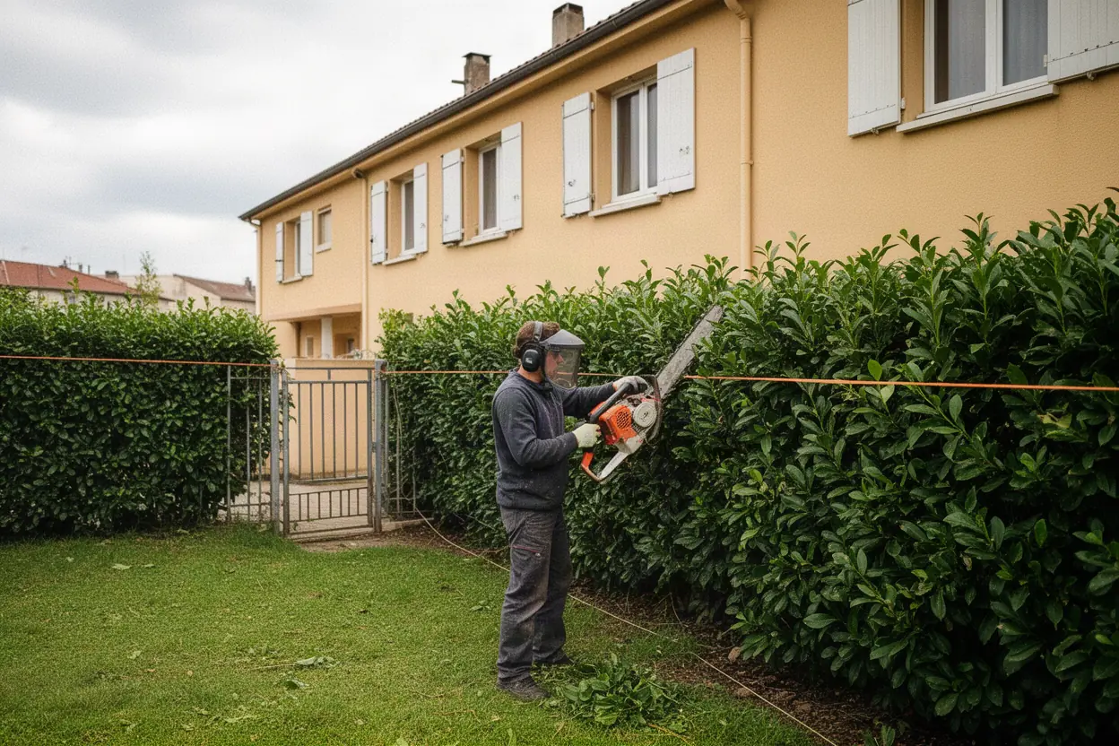 Jardinier taillant une haie à Saint-Chamond